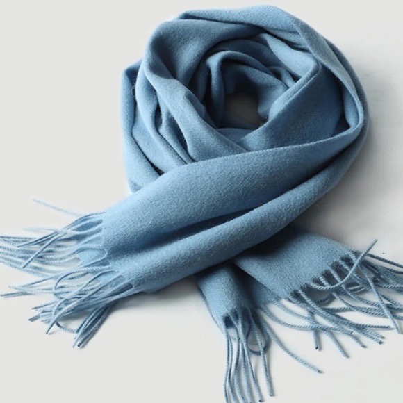 NWT Light Ice Blue Cashmere Scarf Foulard Pashmina fringe wrap w zipper dust bag - Picture 14 of 15
